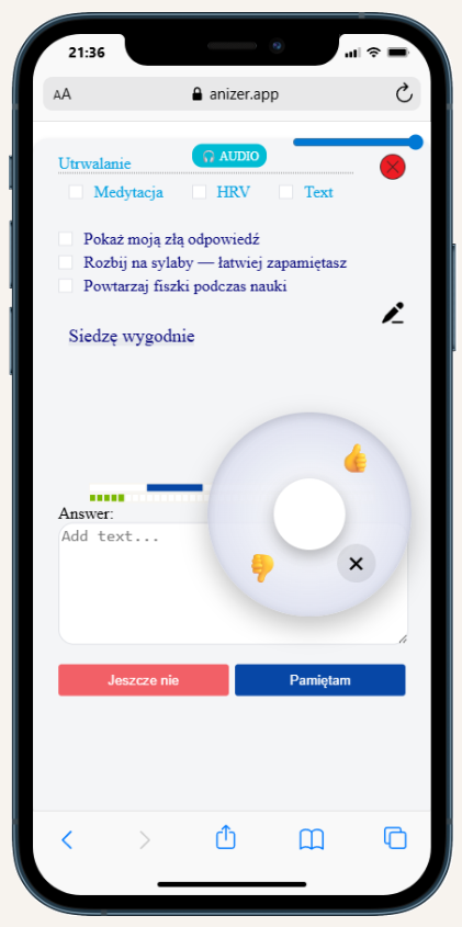 Sterowanie kciukiem podczas nauki w AniZer